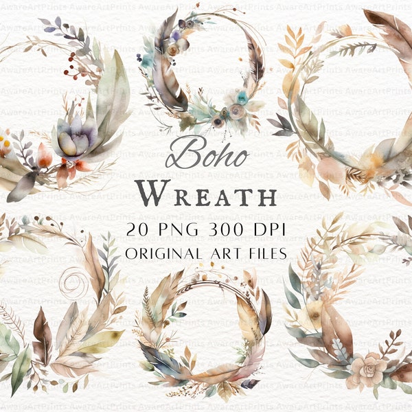 Boho Wreath 20pc PNG | Neutral Boho Clipart | Watercolor Wreath PNG | Wreath Commercial Use | Boho Wreath Clipart | Printable Boho Wreath