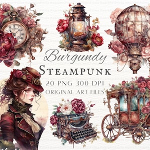 Steampunk 20pc PNG Bundle Burgundy | Steampunk PNG | Floral Steampunk PNG | Steampunk Commercial Use | Printable Romantic Steampunk Clipart