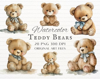 Acquerello Teddy Bears 20pc PNG Bundle / Teddy Bear PNG / Teddy Bear Uso commerciale / Kawaii Teddy Bear Clipart / Stampabile Teddy Bears Art