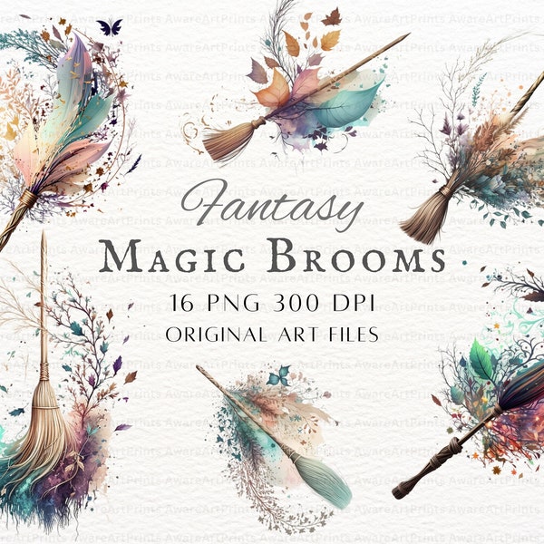 Magic Broomstick Watercolor Clipart Bundle 16pc Digital PNG | Magical Broomsticks | Wizard Watercolor Clip Art | Transparent Ephemera Bundle