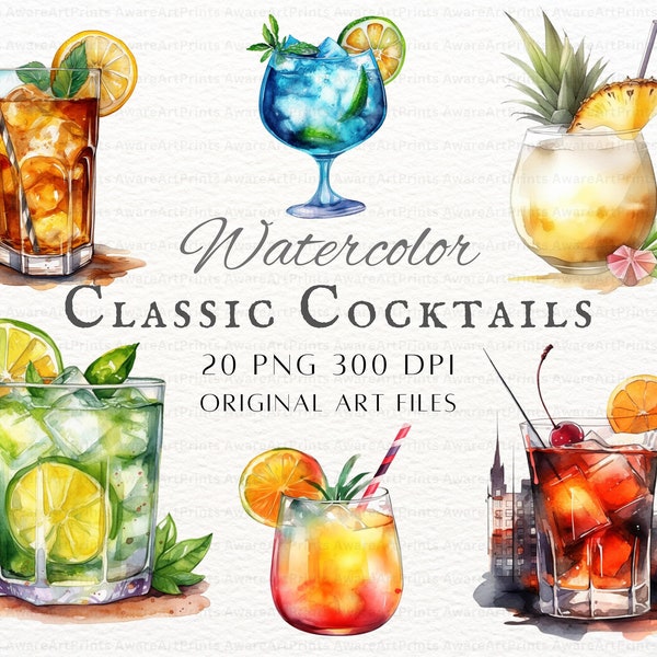 Classic Cocktails 20pc PNG & JPEG | Watercolor Cocktail Art | Cocktail Drink PNG | Classic Cocktail Drink Commercial Use | Printable Drinks