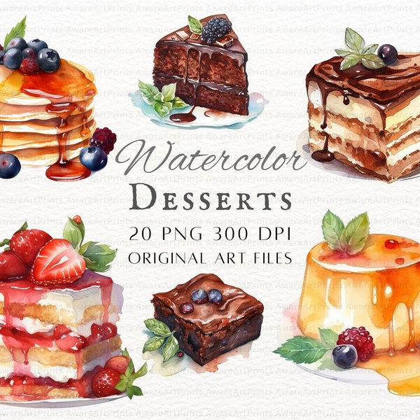 Watercolor Dessert 20pc PNG & JPEG | Dessert PNG | Cake Clipart | Dessert Commercial Use | Watercolor Dessert Clipart | Printable Desserts