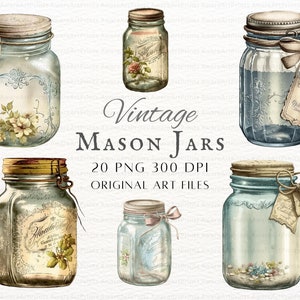 Vintage metselaarpotten 20pc PNG | Metselaarpot PNG | Vintage stenen pot PNG | Mason Jar commercieel gebruik | Afdrukbare potkunst | Aquarel Mason-potten