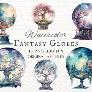 Aquarelle Fantasy 15pc PNG Bundle | Globe fantastique PNG | Boule de cristal fantastique PNG | Utilisation commerciale de la boule de cristal | Clipart Paysage Fantastique