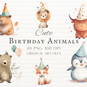 Acuarela Cumpleaños Animales 20pc PNG & JPEG / Vivero Animal Cumpleaños Arte / Imprimible Animal Cumpleaños PNG / Cumpleaños Animal Uso Comercial