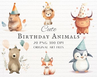 Watercolor Birthday Animals 20pc PNG & JPEG | Nursery Animal Birthday Art | Printable Animal Birthday PNG | Birthday Animal Commercial Use
