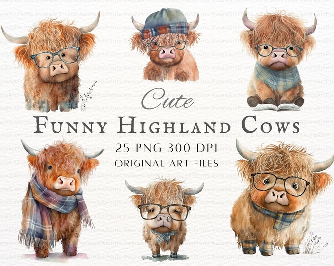 Highland Cow Watercolor Clipart Cute Highland Cow Funny Baby Cow PNG ...