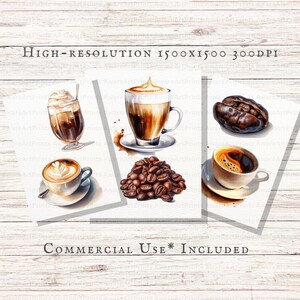 May include: Three watercolor illustrations of coffee drinks and coffee beans. The first illustration shows a glass of iced coffee with whipped cream. The second illustration shows a latte with a layer of foam. The third illustration shows a cup of black coffee with coffee beans.
