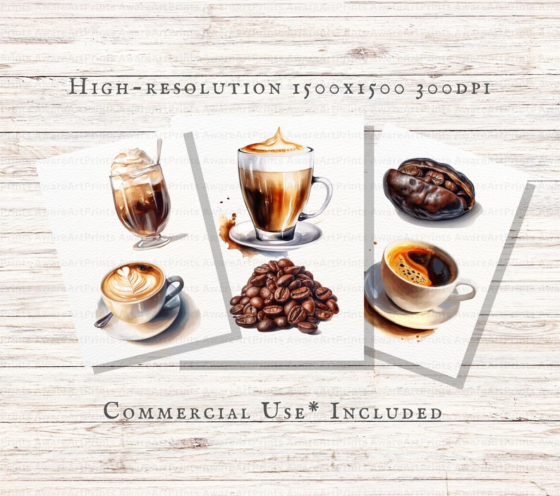 May include: Three watercolor illustrations of coffee drinks and coffee beans. The first illustration shows a glass of iced coffee with whipped cream. The second illustration shows a latte with a layer of foam. The third illustration shows a cup of black coffee with coffee beans.