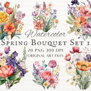 Aquarell Frühlingsstrauß 20 Stück PNG & JPEG Set 1 Bündel | Frühlingsblumen PNG | Blumenstrauß | Blumen Gewerbliche Nutzung | Druckbare Kunst