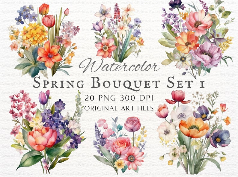 May include: A set of 20 watercolor spring bouquets featuring various flowers in shades of pink, purple, yellow, orange, and white. The bouquets are arranged in a circular pattern and include text that reads "Watercolor Spring Bouquet Set I 20 PNG 300 DPI Original Art Files".