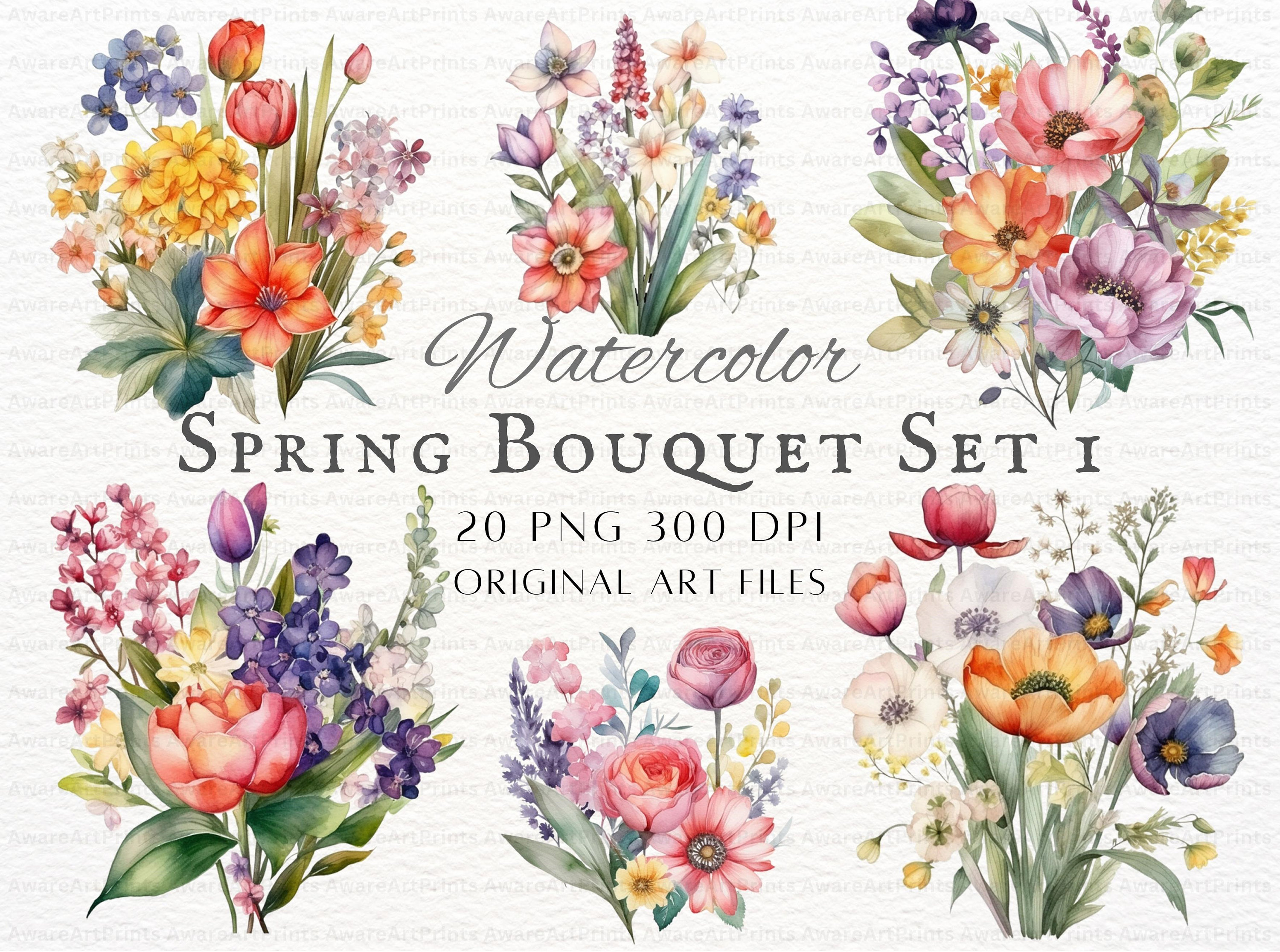 Watercolor Spring Bouquet 20pc PNG & JPEG Set 1 Bundle | Spring Flowers ...