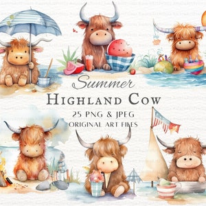 Highland Cow Summer 25pc PNG & JPEG Bundle / Highland Cow PNG / Highland Cow Uso commerciale / Stampabile Highland Cow Art / Summer Highland