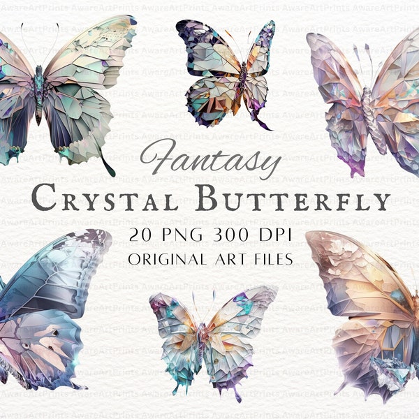 Crystal Butterflies 20pc PNG & JPEG | Crystal Butterfly PNG | Crystal Butterflies Clipart | Butterfly Commercial Use | Printable Butterfly