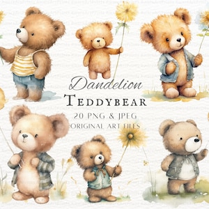 Teddybear Dandelion 20pc PNG & JPEG | Watercolor Teddy Bear PNG | Teddy Bear Clipart | Teddy Commercial Use | Printable Teddy Bear Clipart