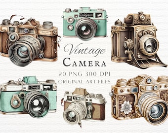 Vintage Camera 20pc PNG & JPEG | Watercolor Camera PNG | Vintage Camera Art | Watercolor Vintage Camera Commercial Use | Camera Cricut Art