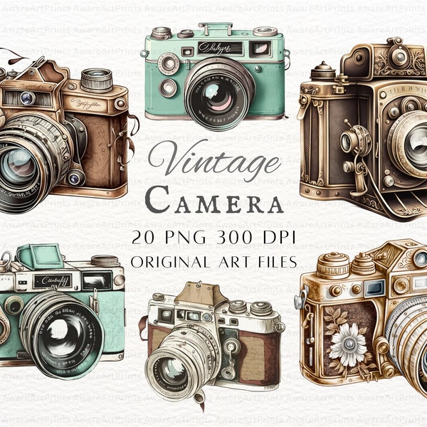 Vintage Camera 20pc PNG & JPEG | Watercolor Camera PNG | Vintage Camera Art | Watercolor Vintage Camera Commercial Use | Camera Cricut Art