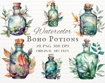Boho Potions 20pc PNG Bundle | Boho Potion PNG | Apothecary Potion PNG | Witchy Potion Commercial Use | Potion Clipart | Printable Potions