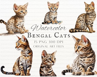 Watercolor Bengal 15pc PNG & JPEG | Watercolor Bengal Cat PNG | Bengal Cat Commercial Use | Watercolor Bengal Kitten Art | Bengal Clipart S1