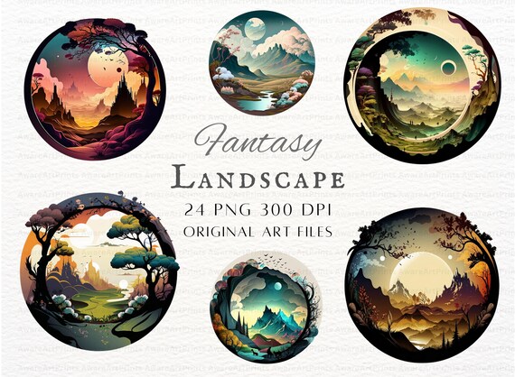 Fantasy Landscape Clipart 24pc Bundle | Landscape Clipart | Landscape PNG | Landscape Clipart  | Landscape Fantasy Clipart | Circle Fantasy