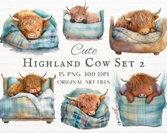 Highland Cow 15pc PNG & JPEG Set 2 | Hoogland Koe PNG | Kwekerij Highland Cow Clipart | Highland Cow commercieel gebruik | Aquarel Schotse Hooglander