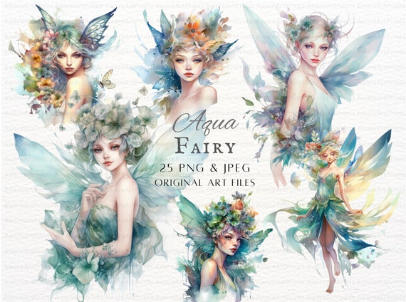 Aqua Fairy 25pc PNG & JPEG Bundle Fairy PNG Watercolor Fairy