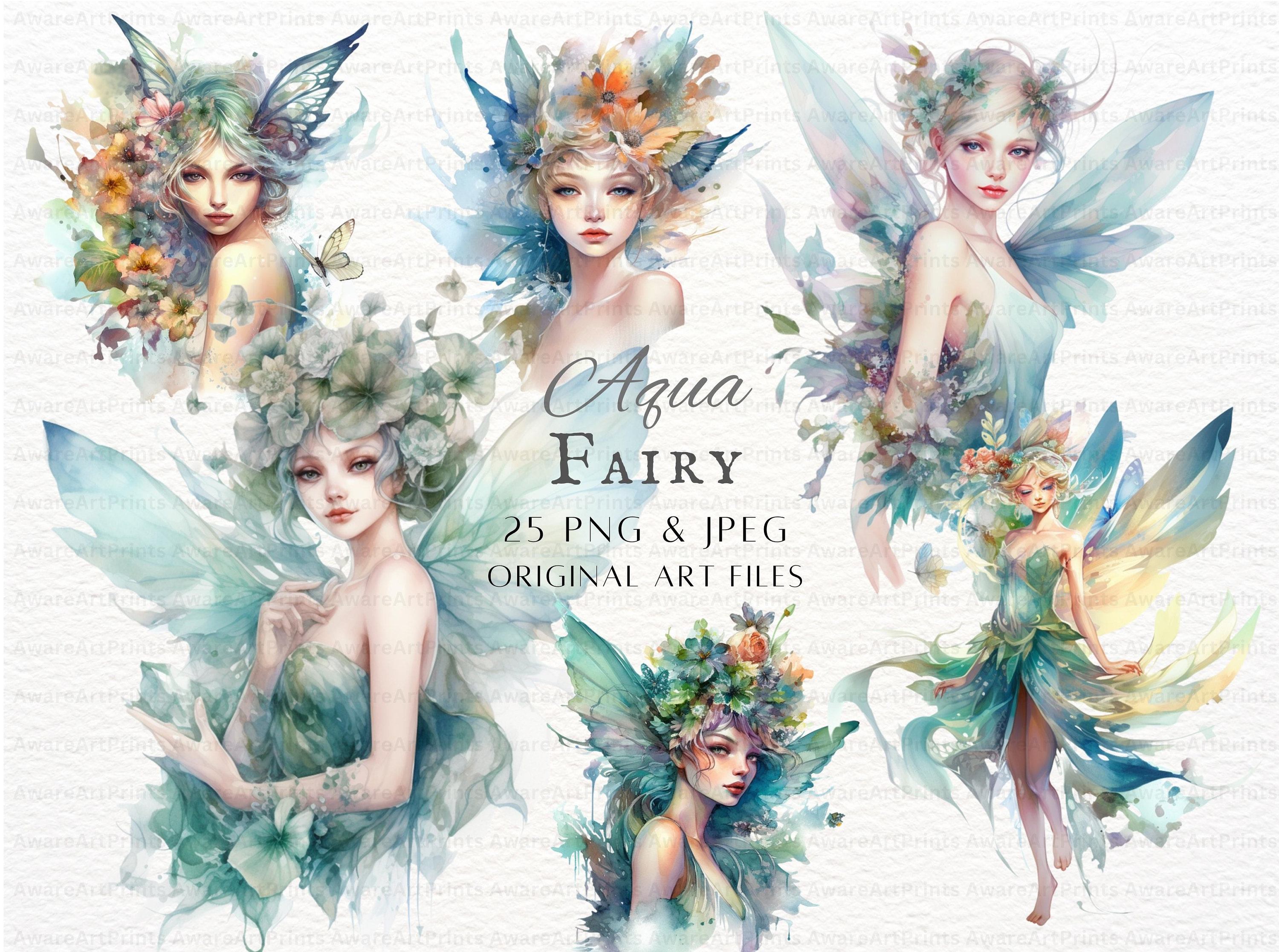 Aqua Fairy 25pc PNG & JPEG Bundle Fairy PNG Watercolor Fairy Commercial Use  Printable Fairy Water Fairy Junk Journal Art Fairy Art 