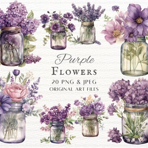 Könnte beinhalten: Ein Set mit 20 digitalen Illustrationen von lila Blumen in Einmachgläsern. Die Blumen umfassen Flieder, Lavendel, Hortensien und Anemonen. Die Illustrationen sind im Aquarellstil gehalten und perfekt für Bastelprojekte, Scrapbooking und digitales Design.