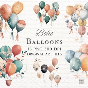 Boho Ballons 15 Stück PNG & JPEG | Süße Luftballons PNG | Boho Ballon | Ballon Werbung | Druckbare Boho Party Ballon | Aquarell Luftballons