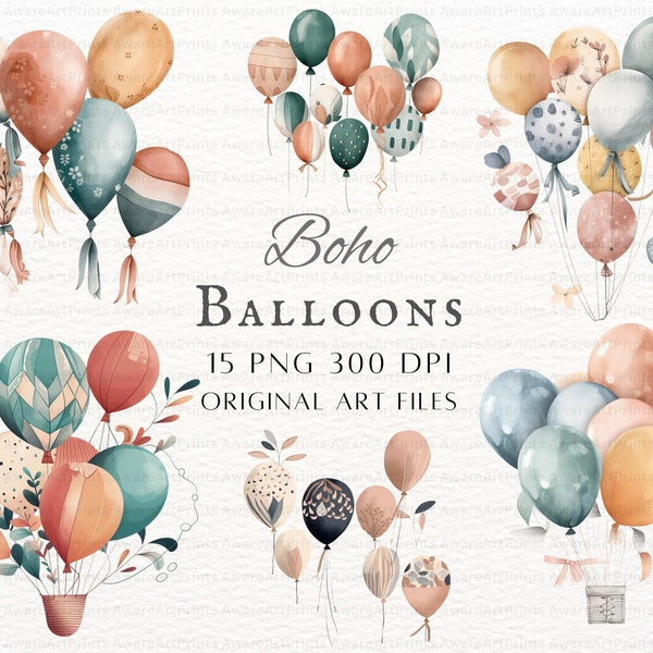 Boho Balloons 15pc PNG & JPEG | Cute Balloons PNG | Boho Balloon | Balloon Commercial | Printable Boho Party Balloon | Watercolor Balloons