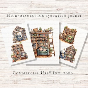 May include: Three digital printable images of watercolor illustrations of cozy reading nooks with bookshelves, chairs, and plants.  The text "COMMERCIAL USE* INCLUDED" is at the bottom of the image.