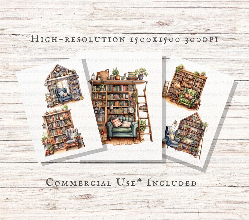 May include: Three digital printable images of watercolor illustrations of cozy reading nooks with bookshelves, chairs, and plants.  The text "COMMERCIAL USE* INCLUDED" is at the bottom of the image.