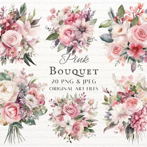 Buquê floral rosa pacote de 20 unidades PNG e JPEG | Buquê Rosa PNG | Arte de flor de casamento rosa | Clipart de casamento em aquarela | Uso comercial rosa