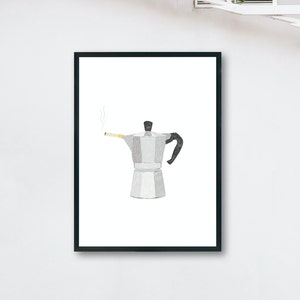 May include: A black and white illustration of a silver coffee pot with a cigarette sticking out of the spout. The coffee pot is in a black frame.
