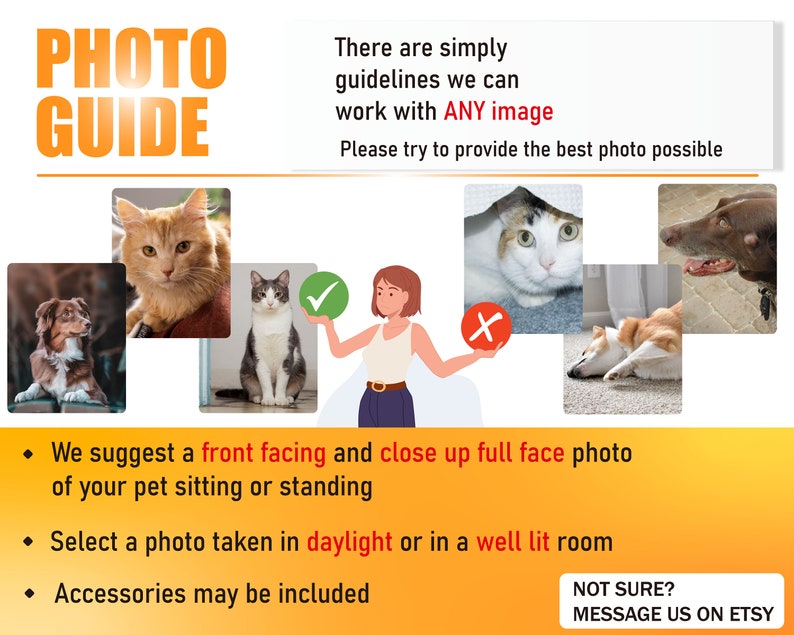May include: An informational photo guide for pet portraits featuring the text PHOTO GUIDE, instructions for selecting images, and examples of acceptable and unacceptable pet photos including cats and dogs, with a central illustration of a person.