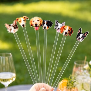 May include: A set of seven clear acrylic drink stirrers, each topped with a different animal face including a cat and various dog breeds such as a golden retriever, a beagle, and a Boston terrier, arranged in a fan shape against a blurred background.