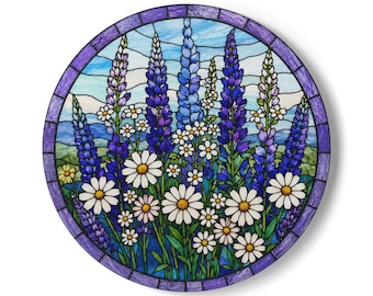 Lupine and Daisy Floral Mosaic Ceramic Coaster | Stained Glass Style