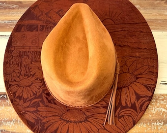 Hav, Strandliv Bränd hatt, Blommig Bränd vildblomma Cowboyhatt: Graverad mocka Boho Fedora, Hatt med bred brätte Western Hat Festivaler