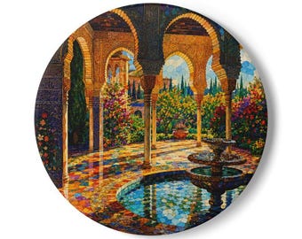 Moorish Courtyard Tiles fountain painting Ceramic Coaster | Andalusian garden art Landmark Souvenir Printed on Coaster or Canvas