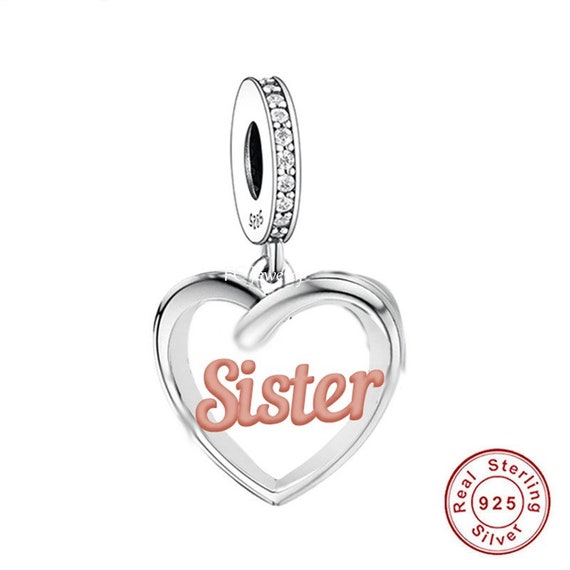 925 Sterling Silver Love You Sister Heart Charm Pendant - Cubic Zirconia, Handmade