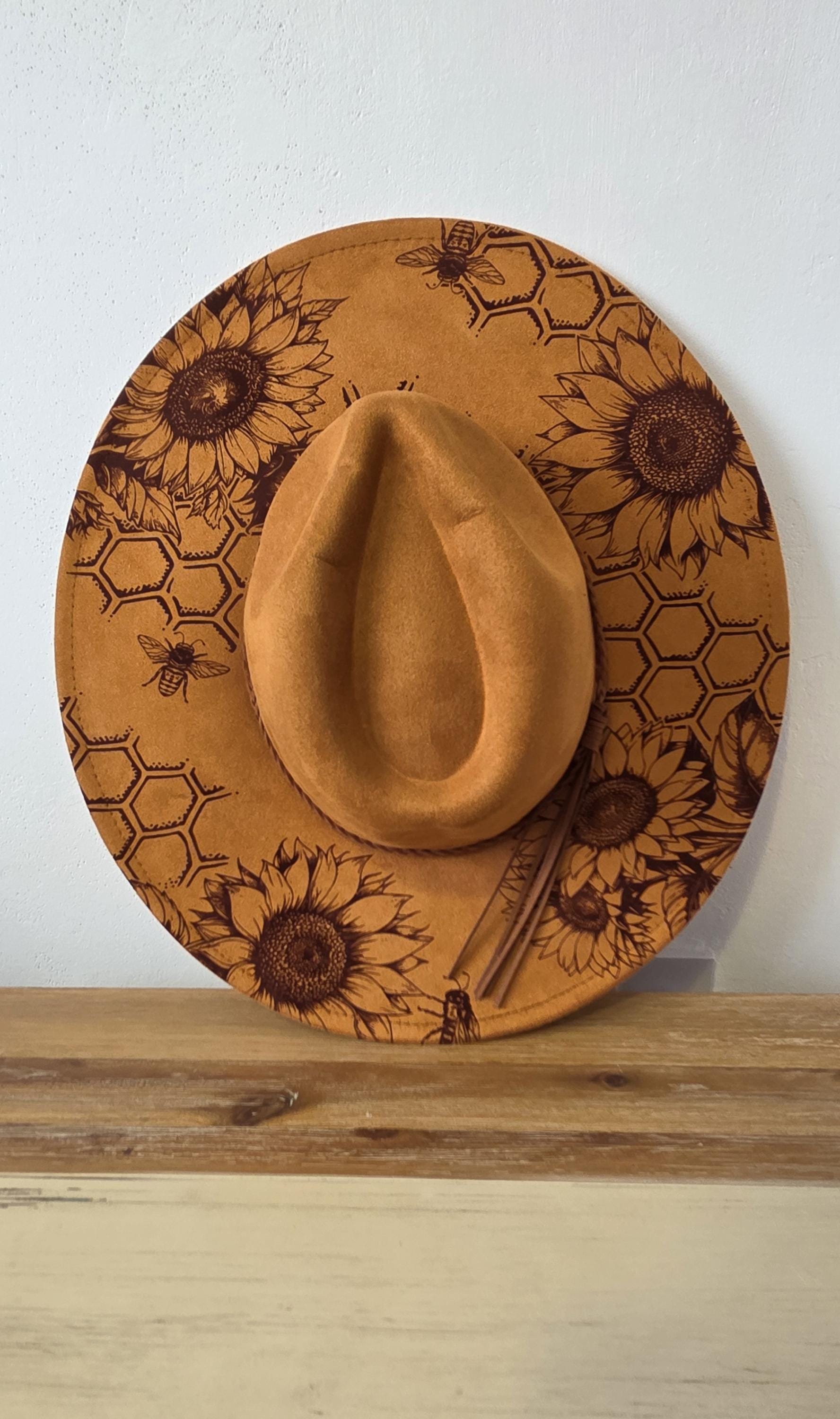 Honey Bees Burned Hat, Bumble Bees Floral Burned Cowboy Hat 