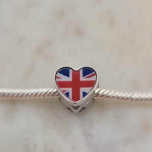 Love United Kingdom Heart Flag Charm, Country Flag Charm 925 Silver Charm European style Bracelet Necklace Charm