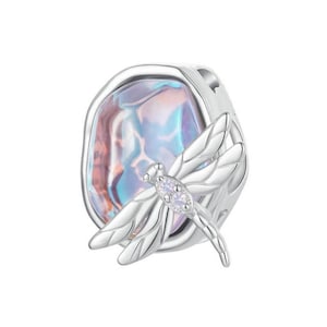 Mystic Dragonfly on flower 925 Silver Charm European style Bracelet, Necklace Charm 925 Charm, Gifts for her Dragonfly Charm
