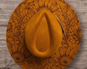 Sunflowers, Floral Burned Hat, cowgirl Burned Mountain Cowboy Hat: Engraved Suede/Felt Boho Fedora, Felt Wide brim hat Western Hat Festivals