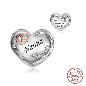 Nanna Heart Charm I Love You to the Moon & Back Heart 925 Silver Charm European style Bracelet, Necklace charm