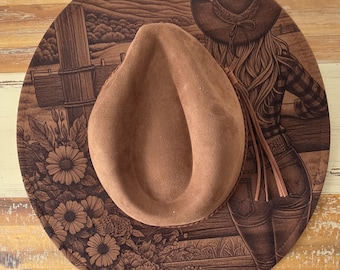 Cowgirl and flowers Burned Hat, Floral Burned cowgirl Cowboy Hat: Engraved Suede Boho Fedora, Wide brim hat Western Hat Festivals