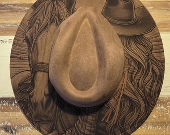 Cowgirl and Horse Burned Hat, Floral Burned cowgirl Cowboy Hat: Engraved Suede  Boho Fedora, Felt Wide brim hat Western Hat Festivals