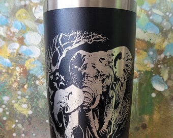 Elephant Laser Engraved 20oz Double Wall Insulated Tumbler Travel mug, custom Seamless Tumbler , Safari Lover, animal lover