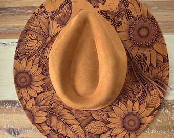 Sunflowers and butterflies Burned Hat, Floral Cowboy Hat. Burned Cowboy Hat: Engraved Suede  Boho Fedora, Felt Wide brim hat Western Hat