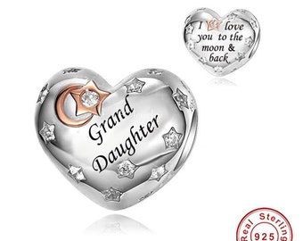 Charm de corazón para nieta Te amo hasta la luna y más allá Charm de corazón de plata 925 Pulsera de estilo europeo, Charm de collar